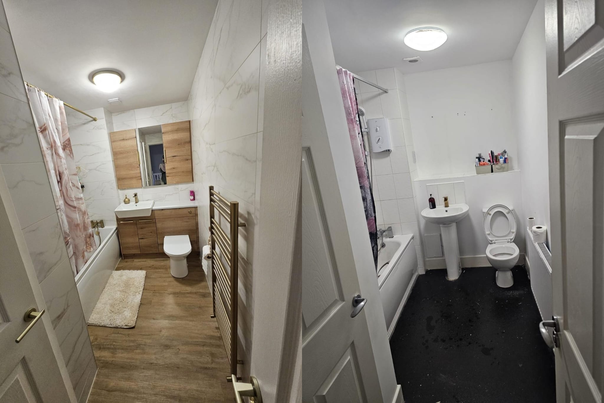 Two photos of the same bathroom: on the left the finished bathroom with marble effect walls and a wood vanity, on the right the old white bathroom before the work